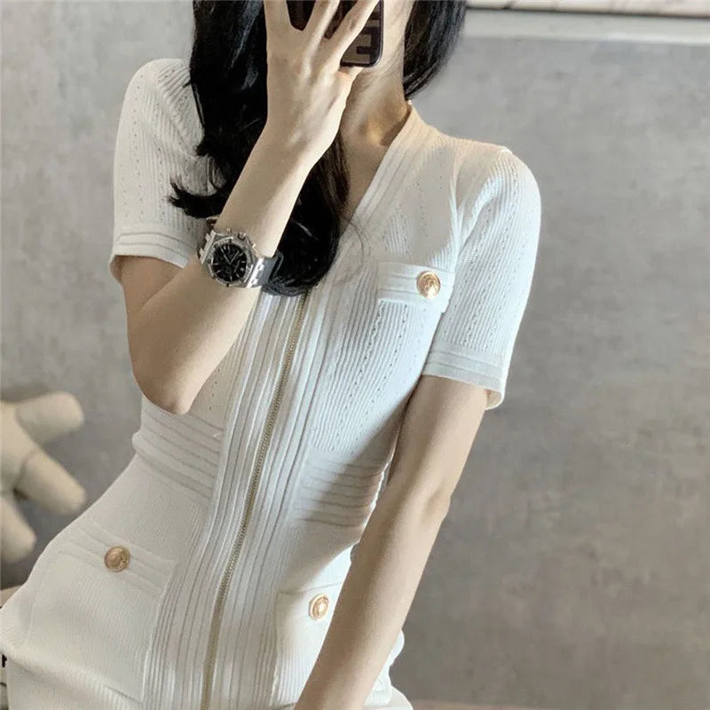 Summer Retro White Pocket Zipper Bodycon Elegant Chic Knitted Dresses Women Fashion Short Sleeve Office Lady Mini Dress Vestidos