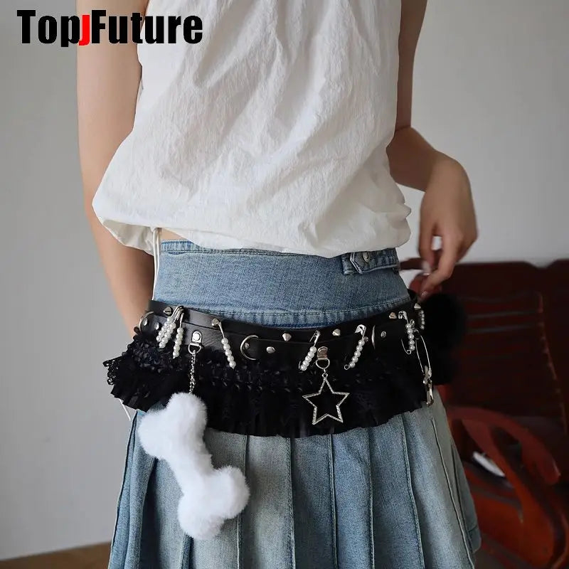 Women HAND MAKE Gothic Lolita Punk Harajuku full of pendants belt princess Y2K girl Millennium Spicy Girl heart star bow belt