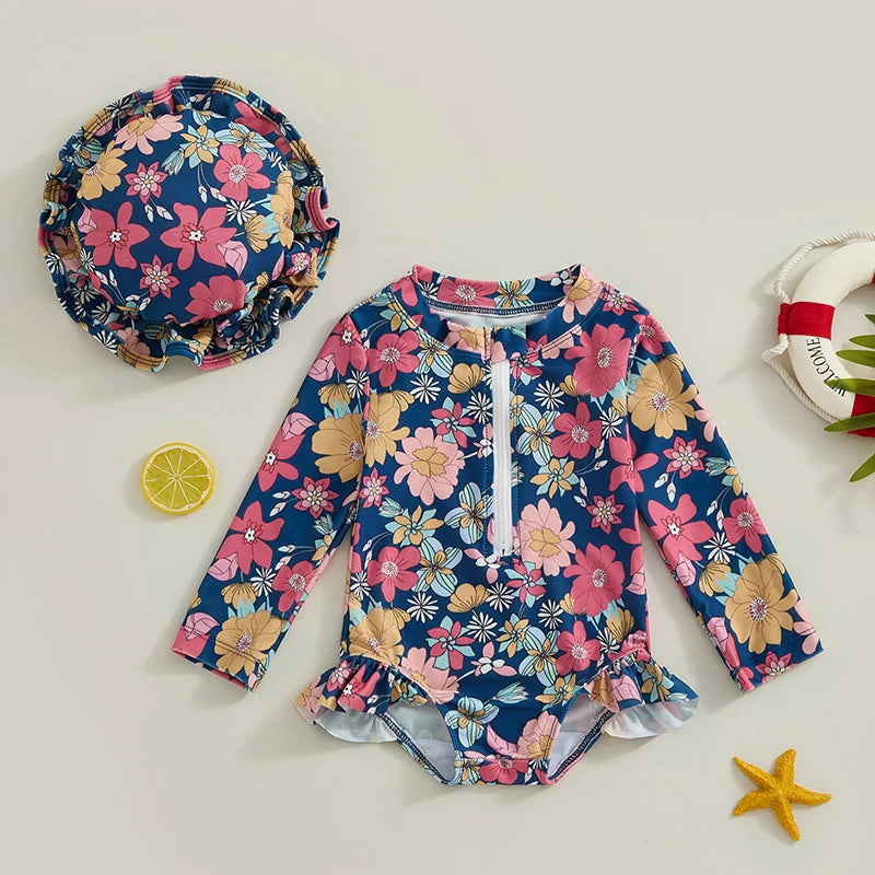 Traje de baño para niña de manga larga con estampado floral de frutas y volantes, traje de baño con cremallera para niños pequeños