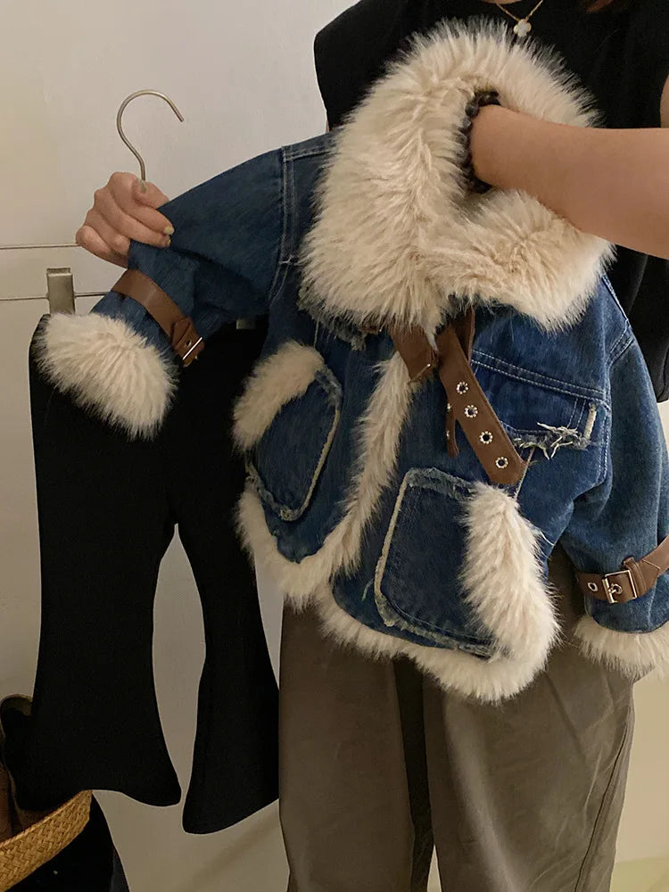 Kids Clothes Toddler Jacket Winter Coat Outerwear Girls' New Plush Polo Coat Thick Denim Coat and Velvet Flare Pants