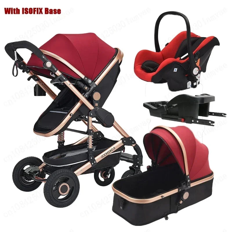Baby stroller 3in1 with car seat with ISOFIX base, luxury high landscape baby carriage aluminum alloy frame travel stroller
