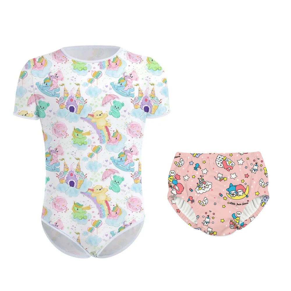 Adult Baby Pajamas Set ABDL Snap Crotch Bodysuit Diaper Set
