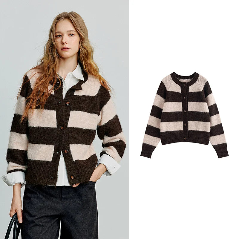 TOYOUTH Women Sweater 2025 Autumn New Color Contrasting Lulu Style Striped Cardigan Tops