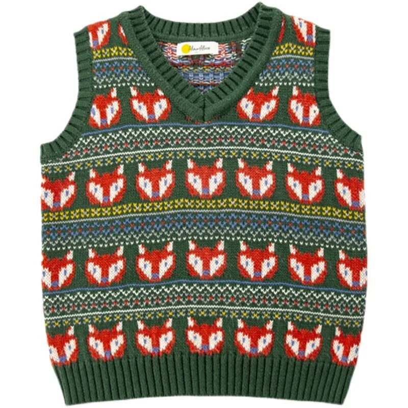 Kids V Neck Knit Vest Cute Fox Jacquard Sleeveless Sweater Toddler Boys Green Wool Autumn Casual Children Knitted Tank Tops