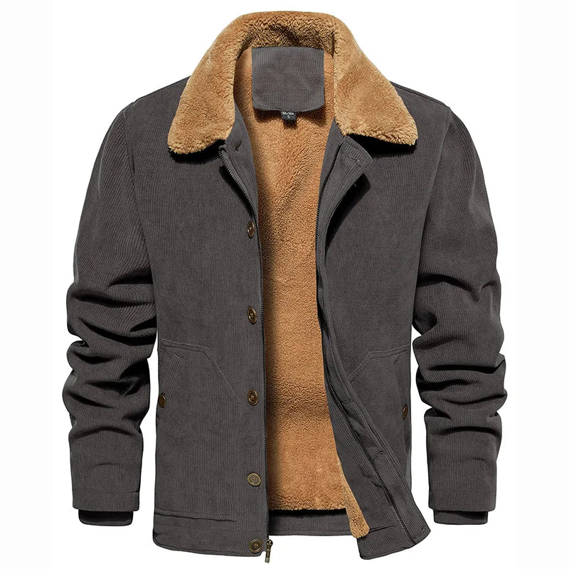 Men's Winter Corduroy Jacket Fleece Warm Lined Cargo Work Jacket Casual Thick Sherpa Collar Trucker Deck Navy Coats