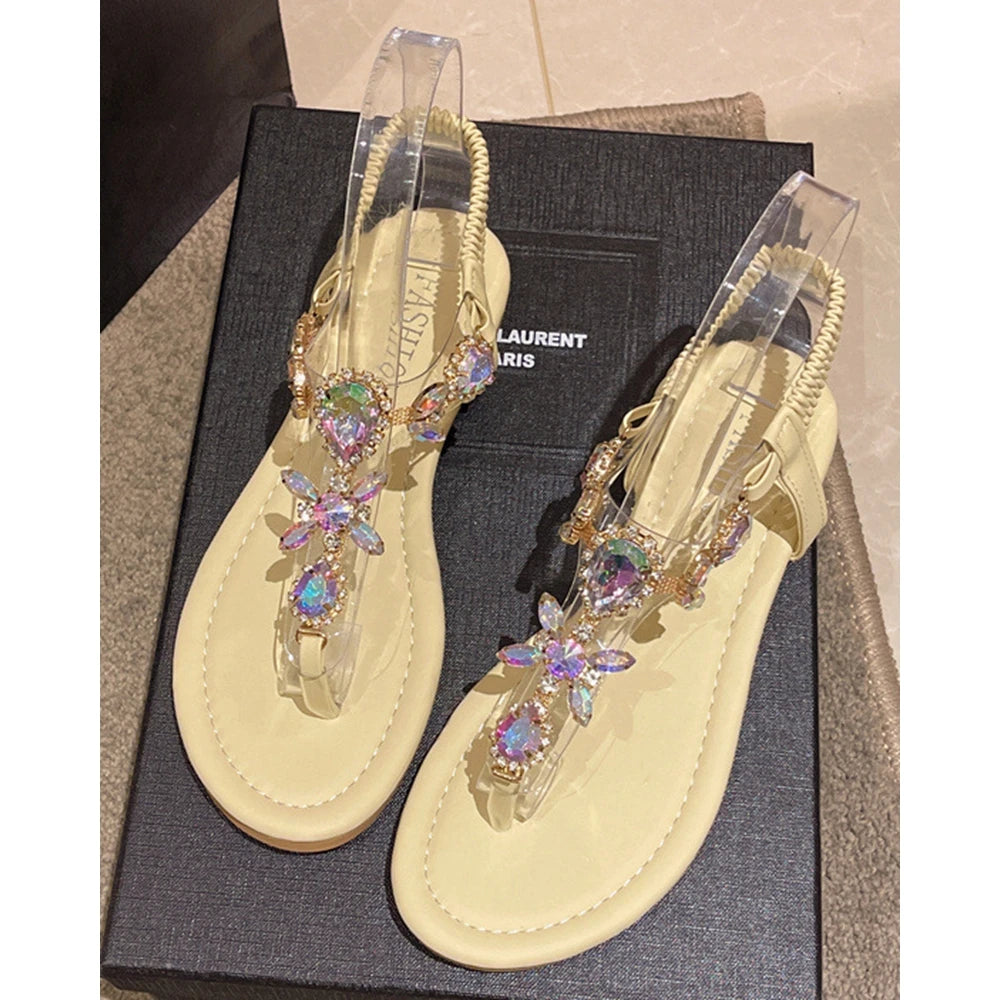 Women Bling Gem Stone Toe Post Sandals Outdoor Flats Shoes Summer Back Elastic Strap Going Out Beach White Sandals
