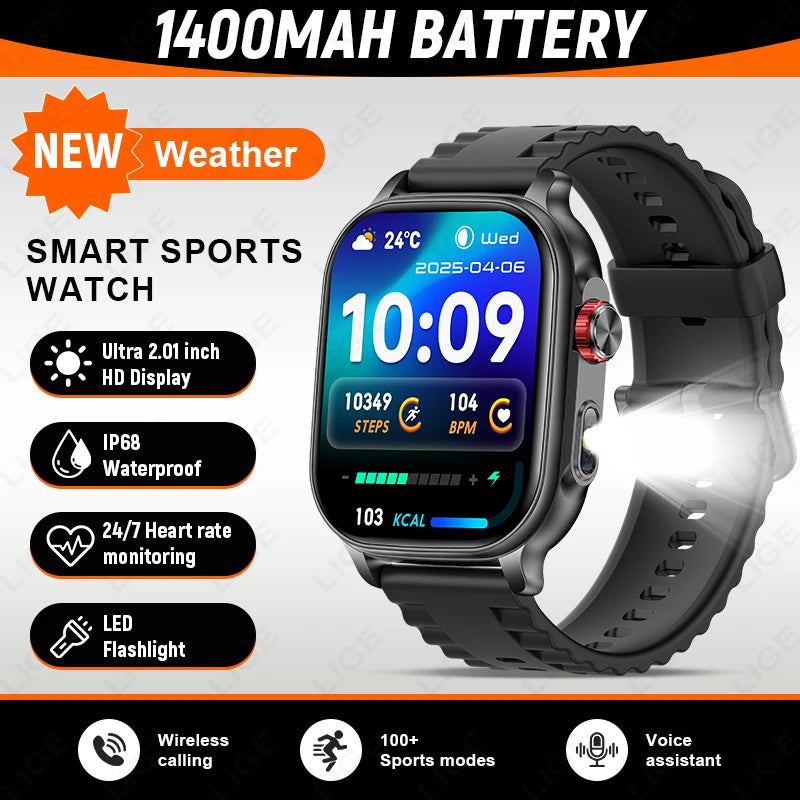 LIGE New Smart Watch Men Women 1400mAh Ultra Battery 2.01Inch HD Screen LED Flashlight IP68 Waterproof Bluetooth Call SmartWatch
