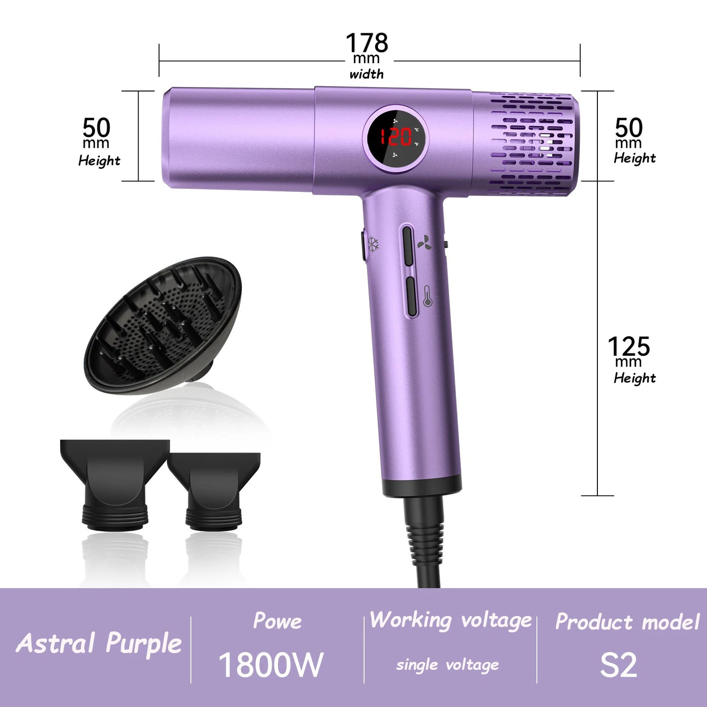 High-speed hair dryer with LCD display, 110000RPM, negative ion, T-shaped, lightweight, brushless motor, quick-drying, low noise