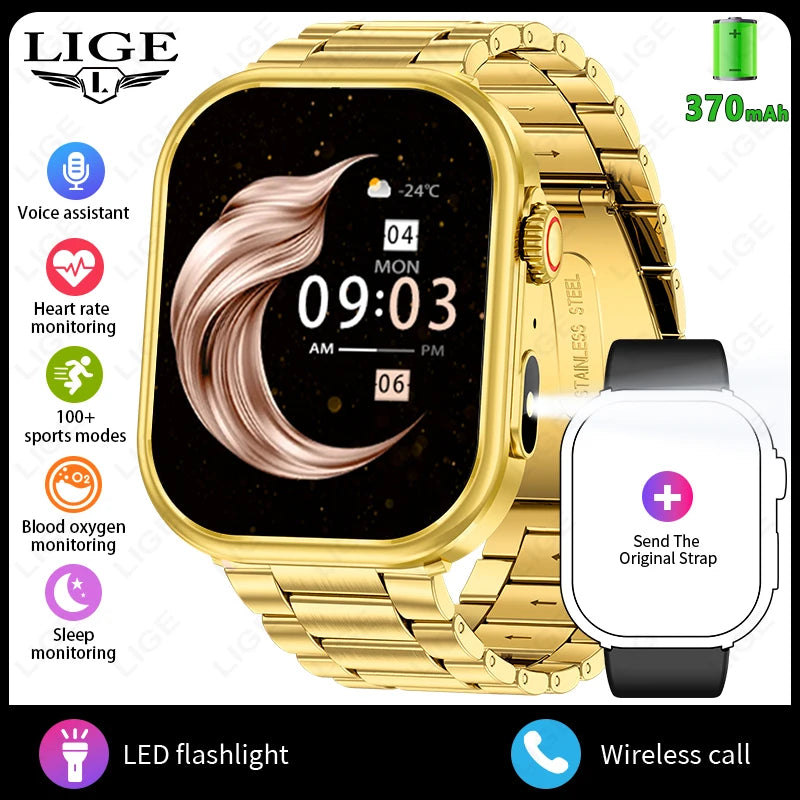 LIGE Women Smart Watch 2.01" IP68 Waterproof Outdoor Sports Tracker LED Flashlight Bluetooth Call Men Smartwatch For Android iOS