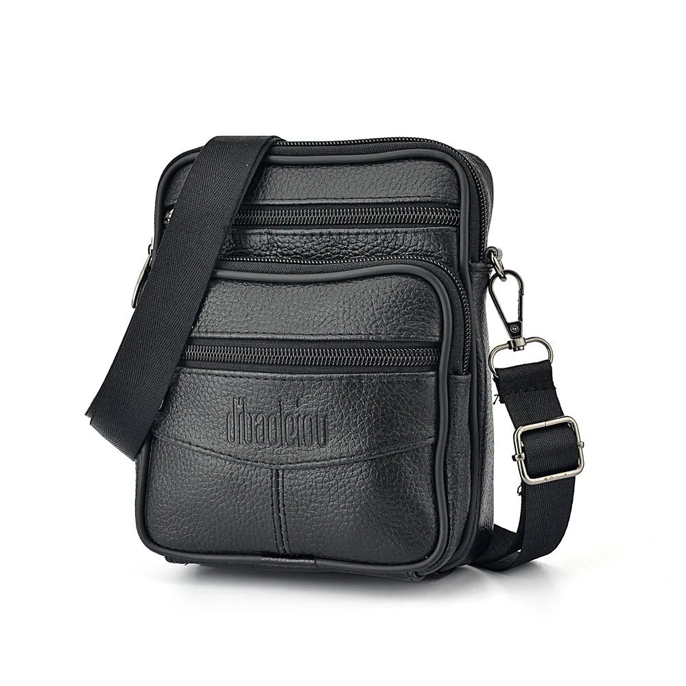 Men’s Genuine Leather Crossbody Bag,Double Zipper Small Shoulder Bag,Compact Multi-Pocket Sling Bag for Everyday Carry