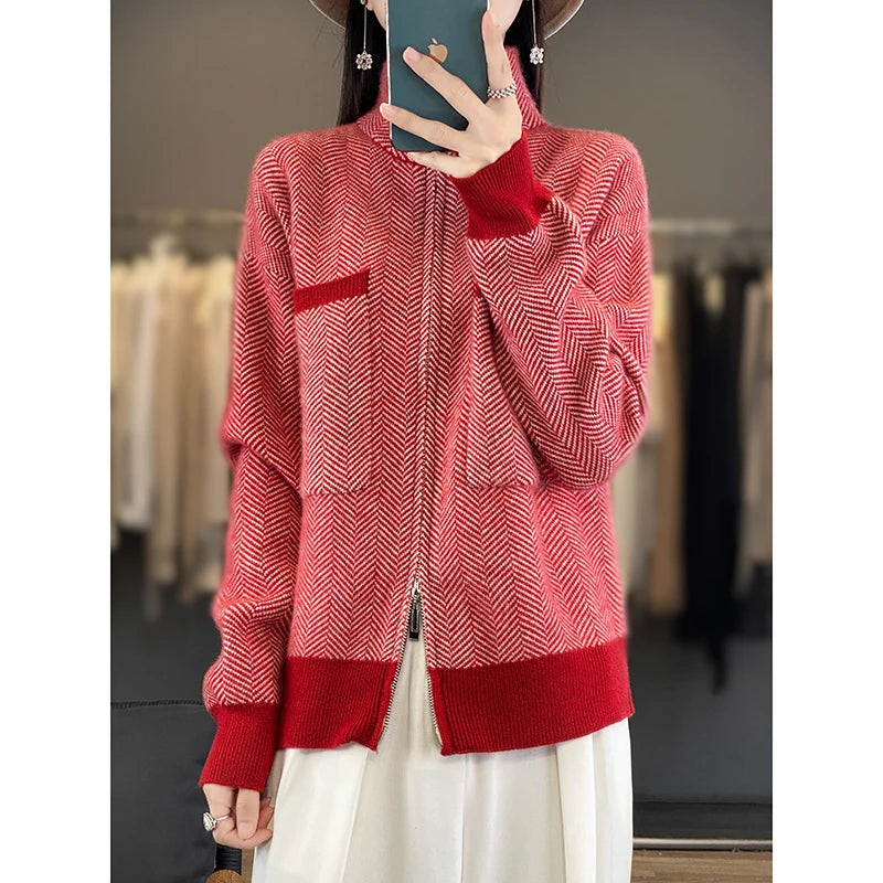 100% Merino Wool Women Sweater Casual Turtleneck Fancy Yard Cardigan Female Knitwear Long Sleeve Cashmere Overcoat Clothing Tops