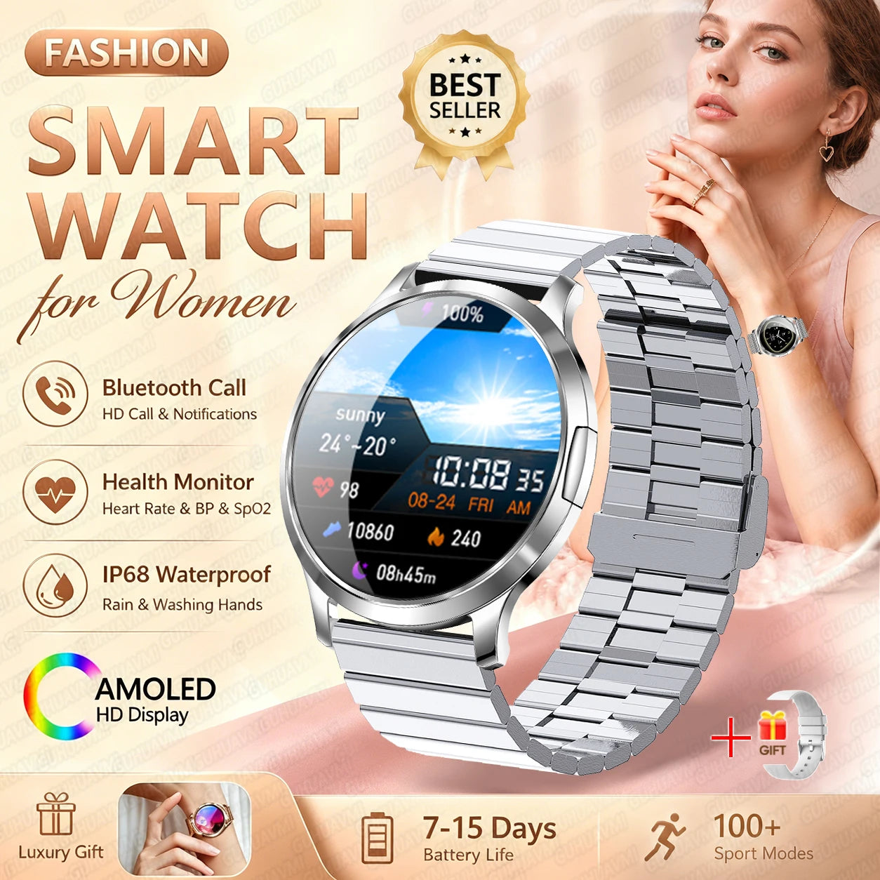 2026New Smart Watch 1.32”AMOLED Ultra-thin Display 100+Sports modes Blood Pressure Waterproof Bluetooth call Bracelet Women Gift