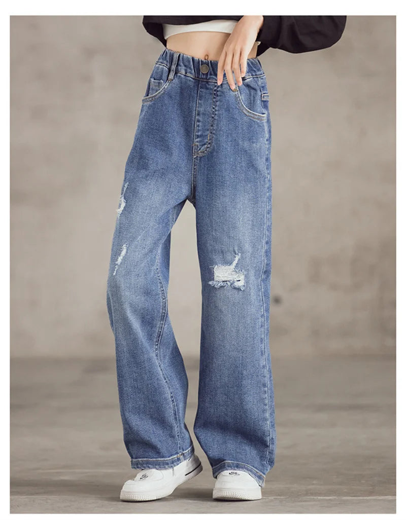 2024 Spring Summer Jeans Teenage Fashion Wide Leg Pants Baby Girls Casual Style Trousers Children Loose Comfortable Blue Pants
