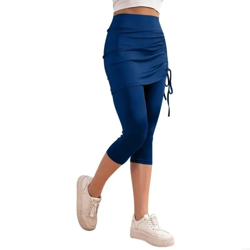 Womens Leggings Tummy High Skirted Leggings Drawstring Side Ruched Fit Workout Bottom 6XDA