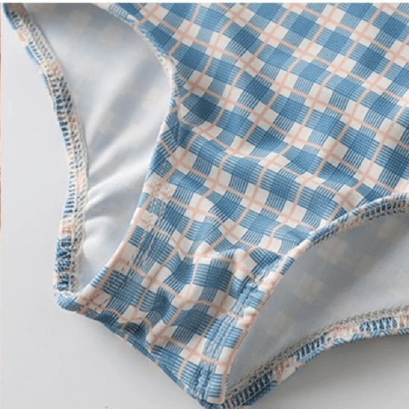 Traje de baño a cuadros con mangas abullonadas para niña, traje de baño para niño pequeño y gorro, traje de baño con lazo de 2 uds, ropa de baño para bebé de verano 1-10y