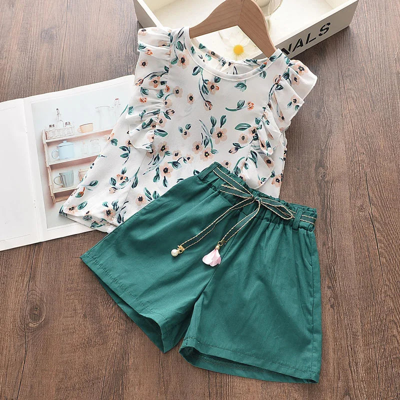 Girls Clothing Sets Brand New Summer New Kids Flower Print Vest Top with Casual Short Pant 2PCS Girl Suit Clothing 3-7 Y
