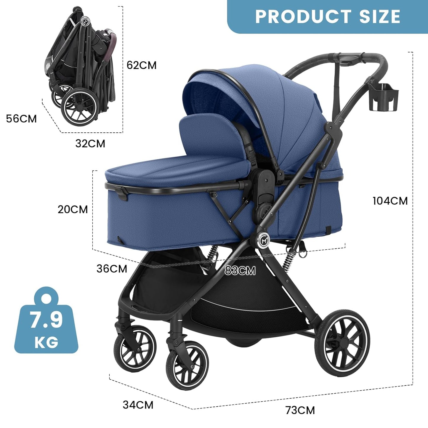 Baby Stroller Bassinet 3 in 1 Newborn Infant Toddler,Convertible Adaptable Portable Foldable Strollers,One Hand Fold, Reversible Seat,Extra Storage