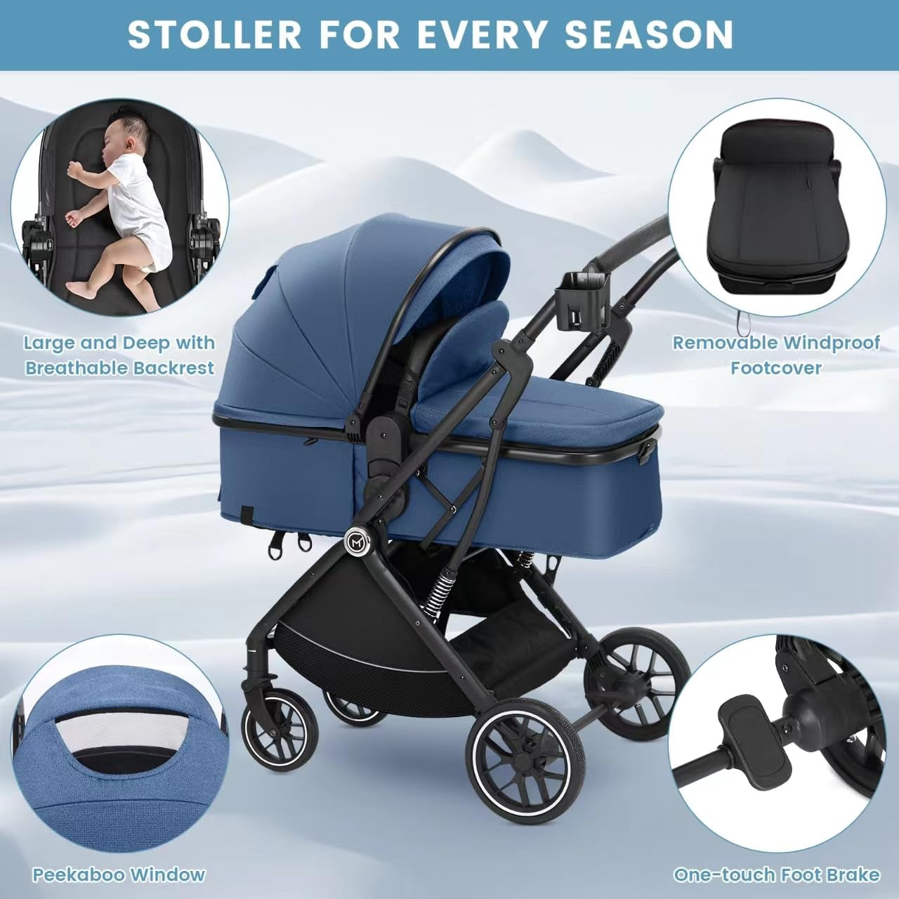 Baby Stroller Bassinet 3 in 1 Newborn Infant Toddler,Convertible Adaptable Portable Foldable Strollers,One Hand Fold, Reversible Seat,Extra Storage