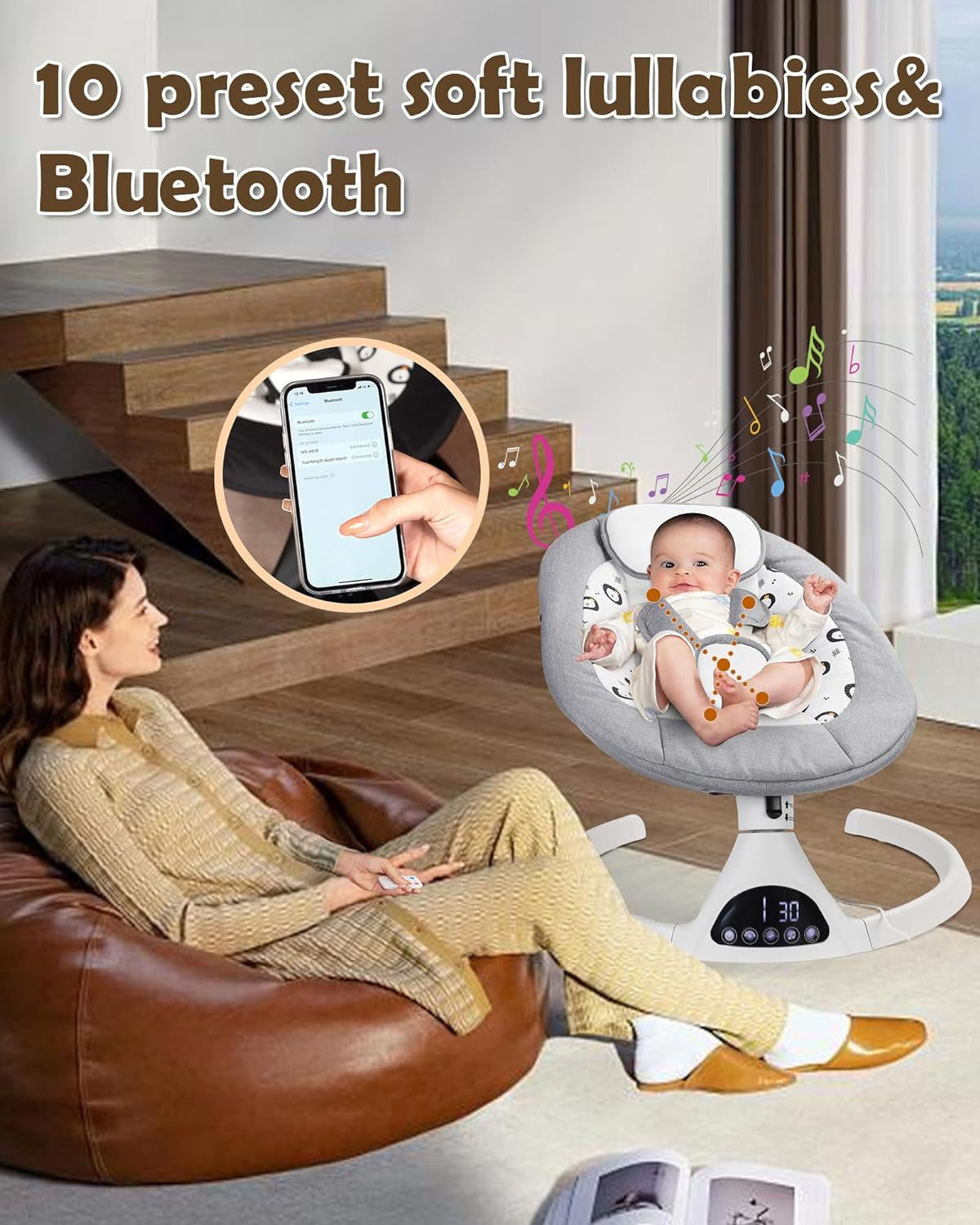 Baby Swing for Infants to Toddler Portable Babies Swing Timing Function 5 Swing Speeds Bluetooth Touch Screen Music Speaker with 10 Preset Lullabies 5-Point Carabiner Gray