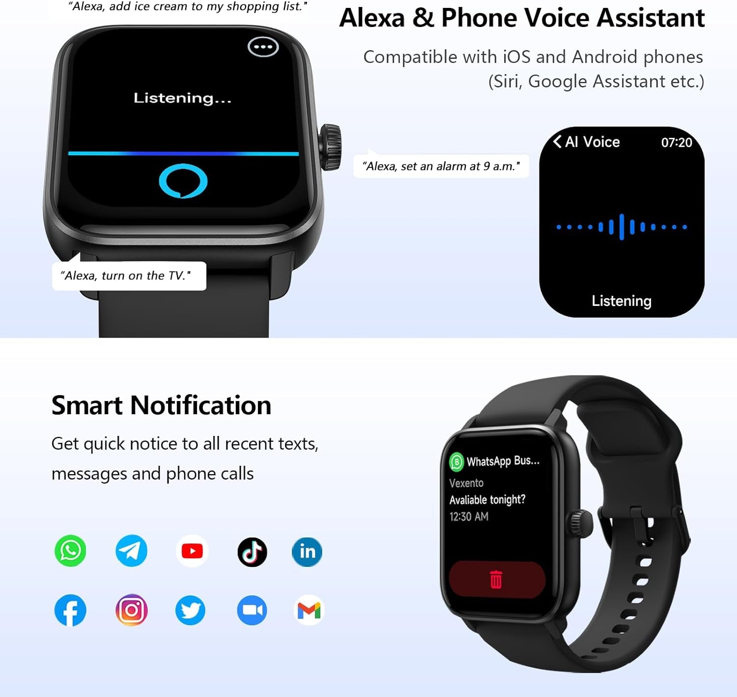 Smart Watch Answer/Make Calls, 1.85" Aluminum Case Alexa Built-In Fitness Tracker with IP68 Waterproof/100 Sports Modes/Heart Rate/Sleep for Ios/Android (Black)