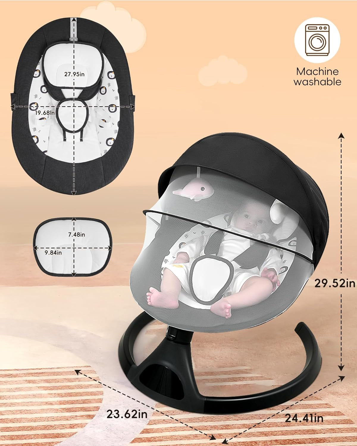 Baby Swing for Infants to Toddler Portable Babies Swing Timing Function 5 Swing Speeds Bluetooth Touch Screen Music Speaker with 10 Preset Lullabies 5-Point Carabiner