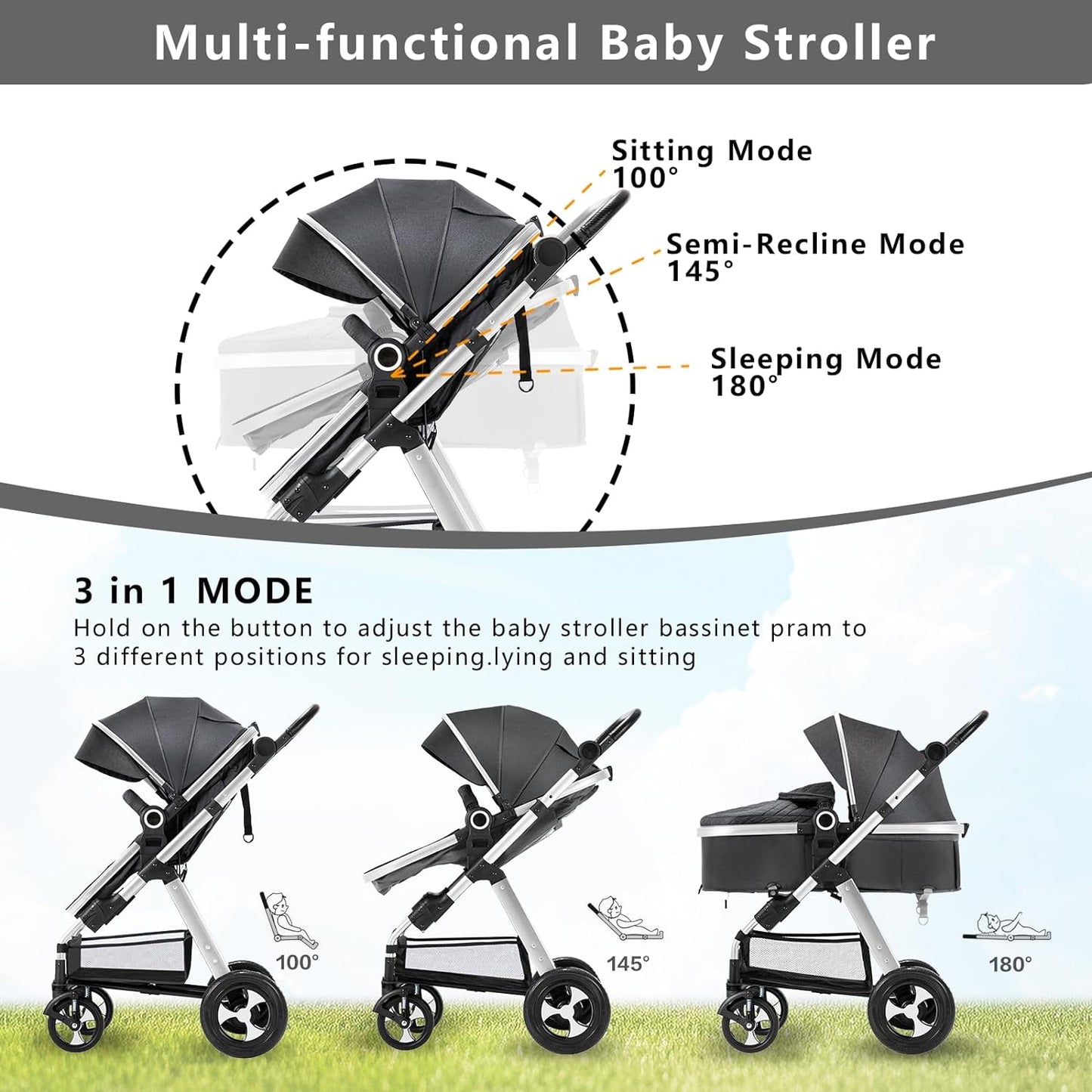 Baby Stroller for Newborn, 2 In1 High Landscape Stroller, Foldable Aluminum Alloy Pushchair with Adjustable Backrest.Adjustable Awning, Variable Seat and Recliner(Black)