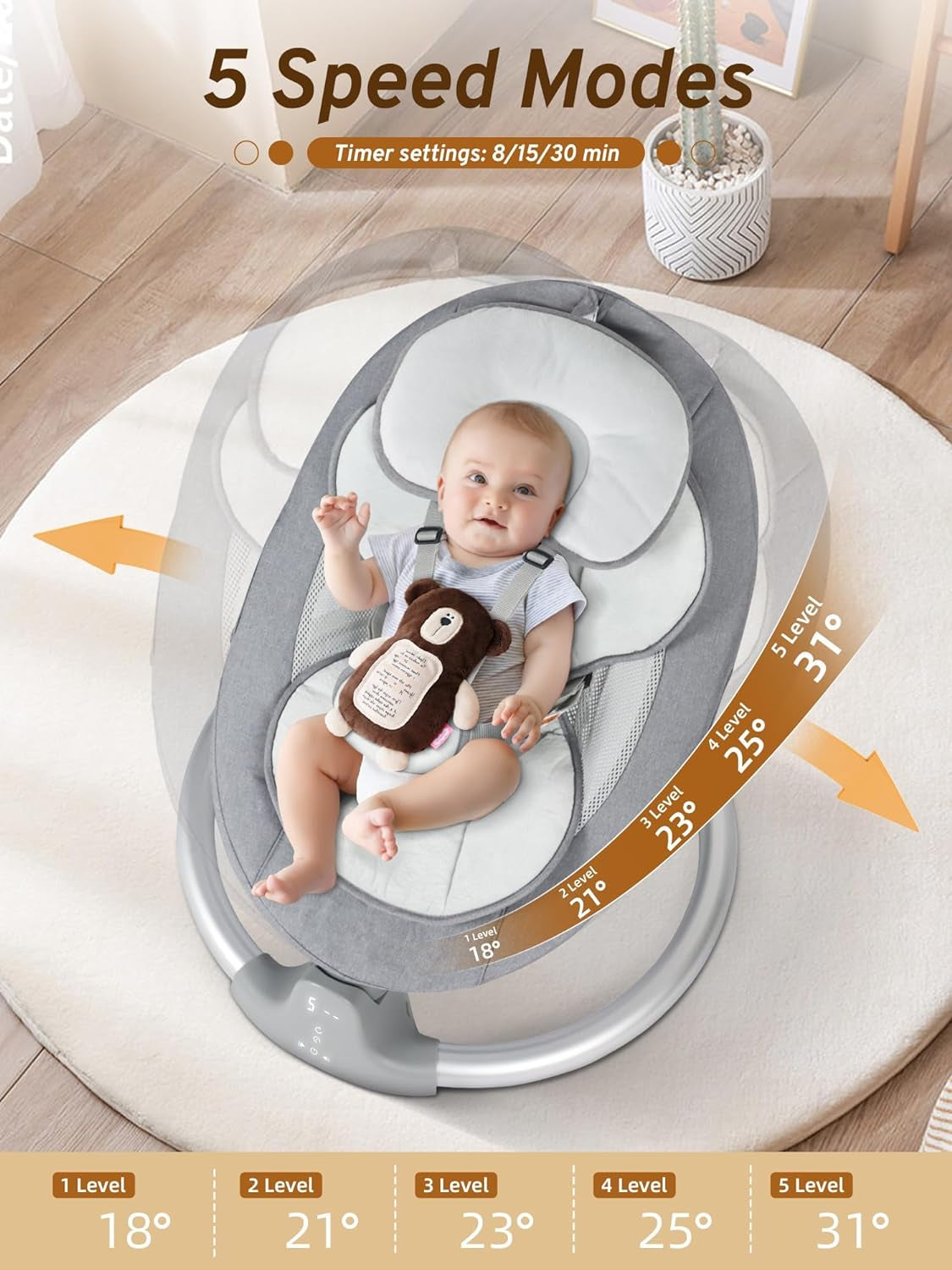 Baby Swings for Infants, Infant Swing with Lullabies, Bluetooth, 3 Seat Positions, Touch Screen & Remote Control, Outdoor Baby Rocker, Portable Swing for Baby