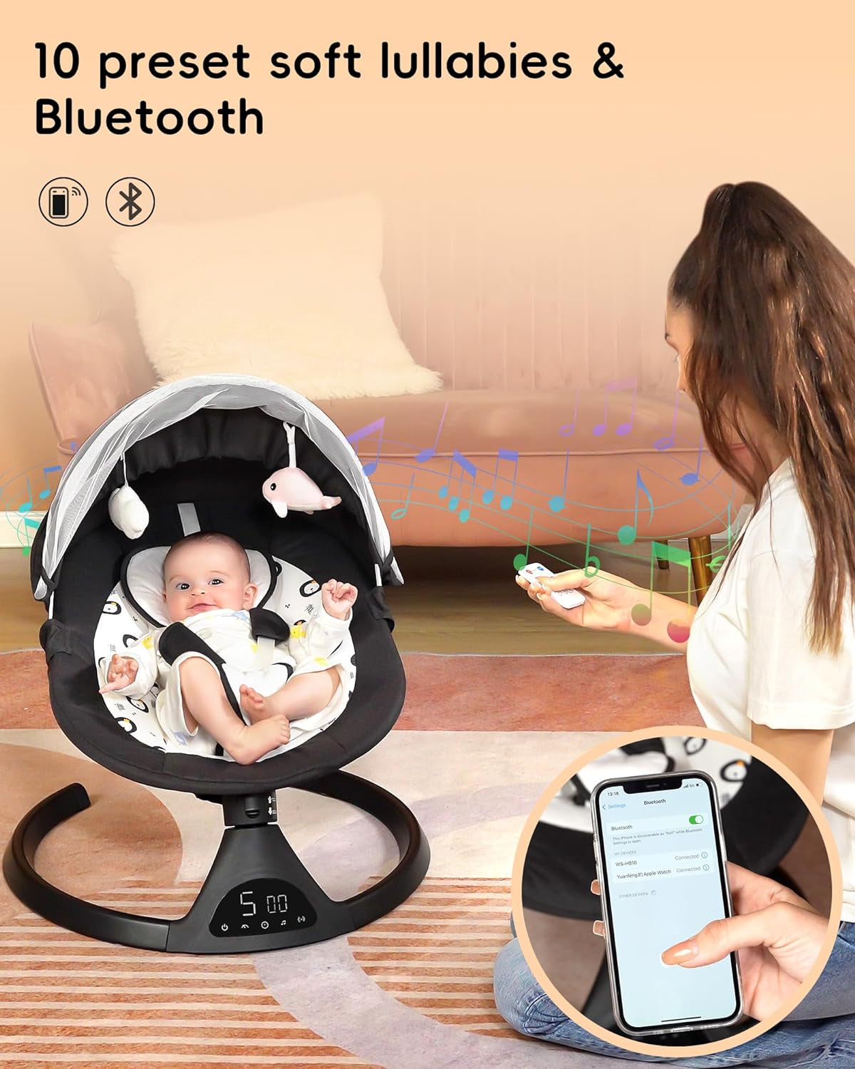 Baby Swing for Infants to Toddler Portable Babies Swing Timing Function 5 Swing Speeds Bluetooth Touch Screen Music Speaker with 10 Preset Lullabies 5-Point Carabiner
