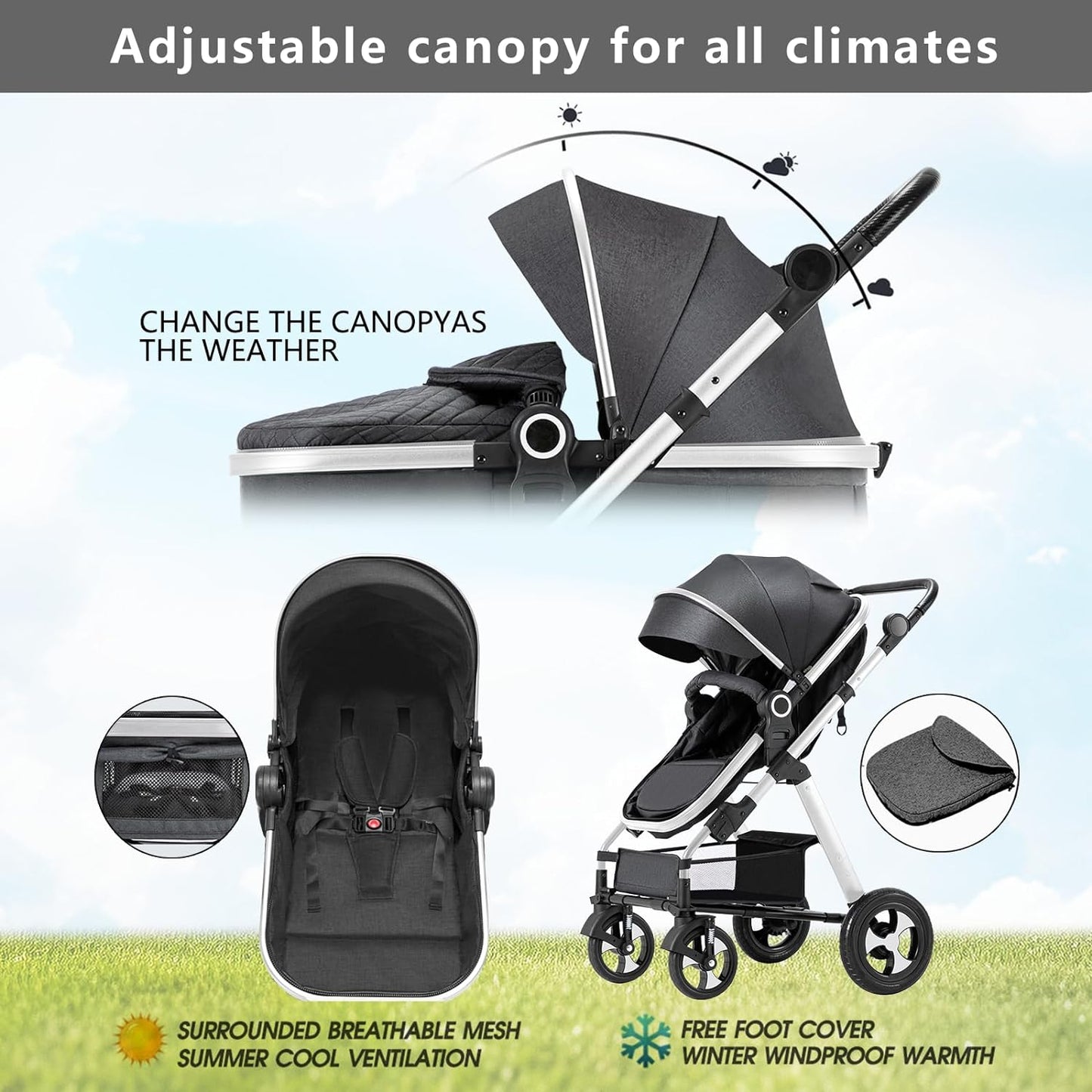 Baby Stroller for Newborn, 2 In1 High Landscape Stroller, Foldable Aluminum Alloy Pushchair with Adjustable Backrest.Adjustable Awning, Variable Seat and Recliner(Black)