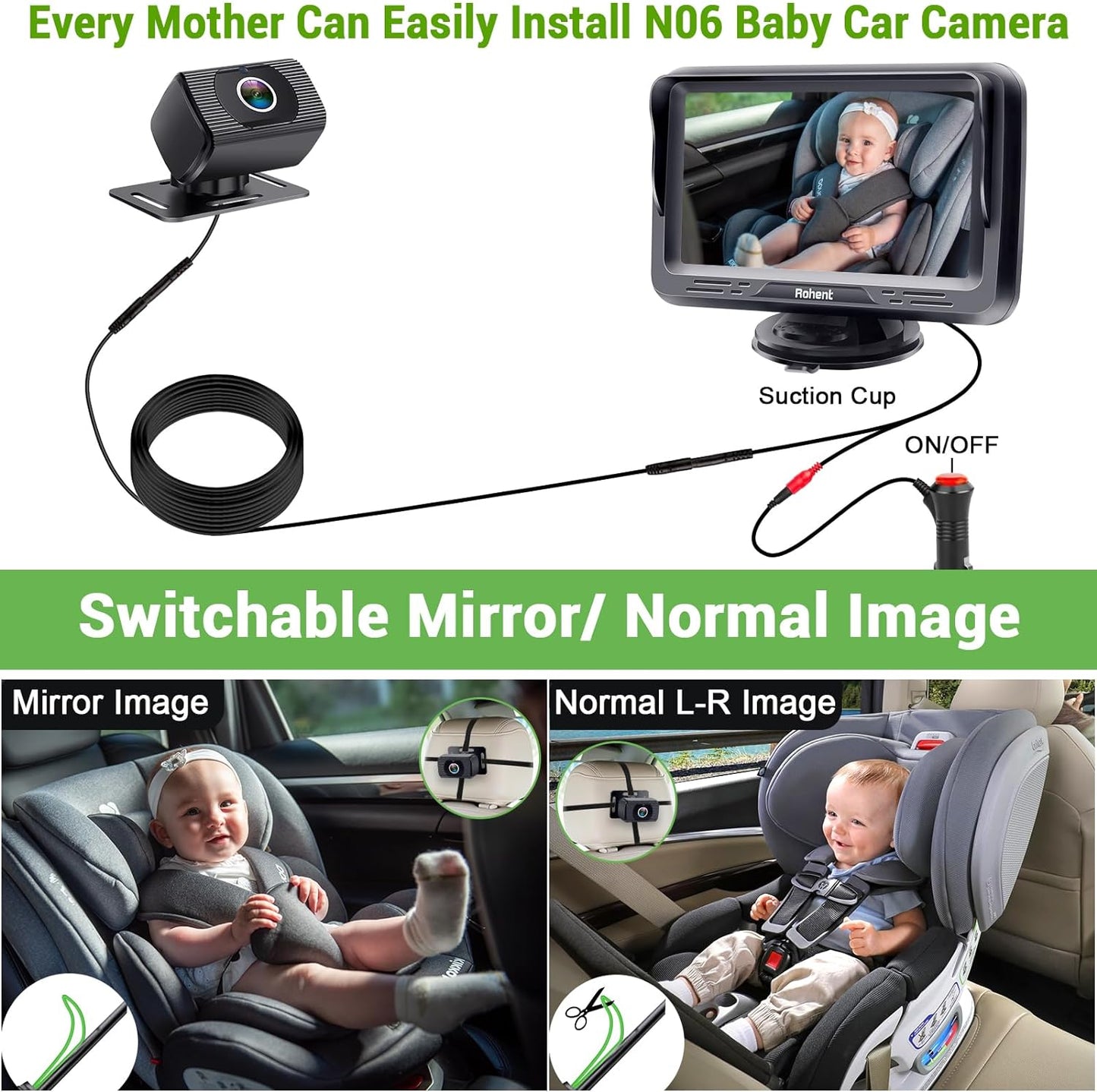 Baby Car Camera Easy Install: HD 1080P Eye Protection Clear Night Vision - Rear Facing Stability Backseat Camera with Monitor for Car Seat Travel 360° Rotation N06