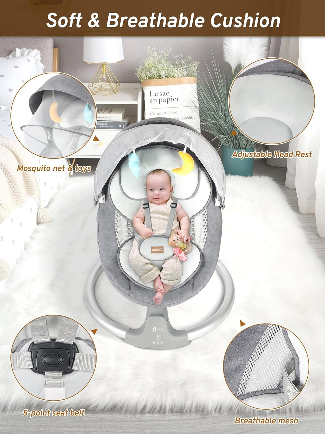 Baby Swings for Infants, Infant Swing with Lullabies, Bluetooth, 3 Seat Positions, Touch Screen & Remote Control, Outdoor Baby Rocker, Portable Swing for Baby
