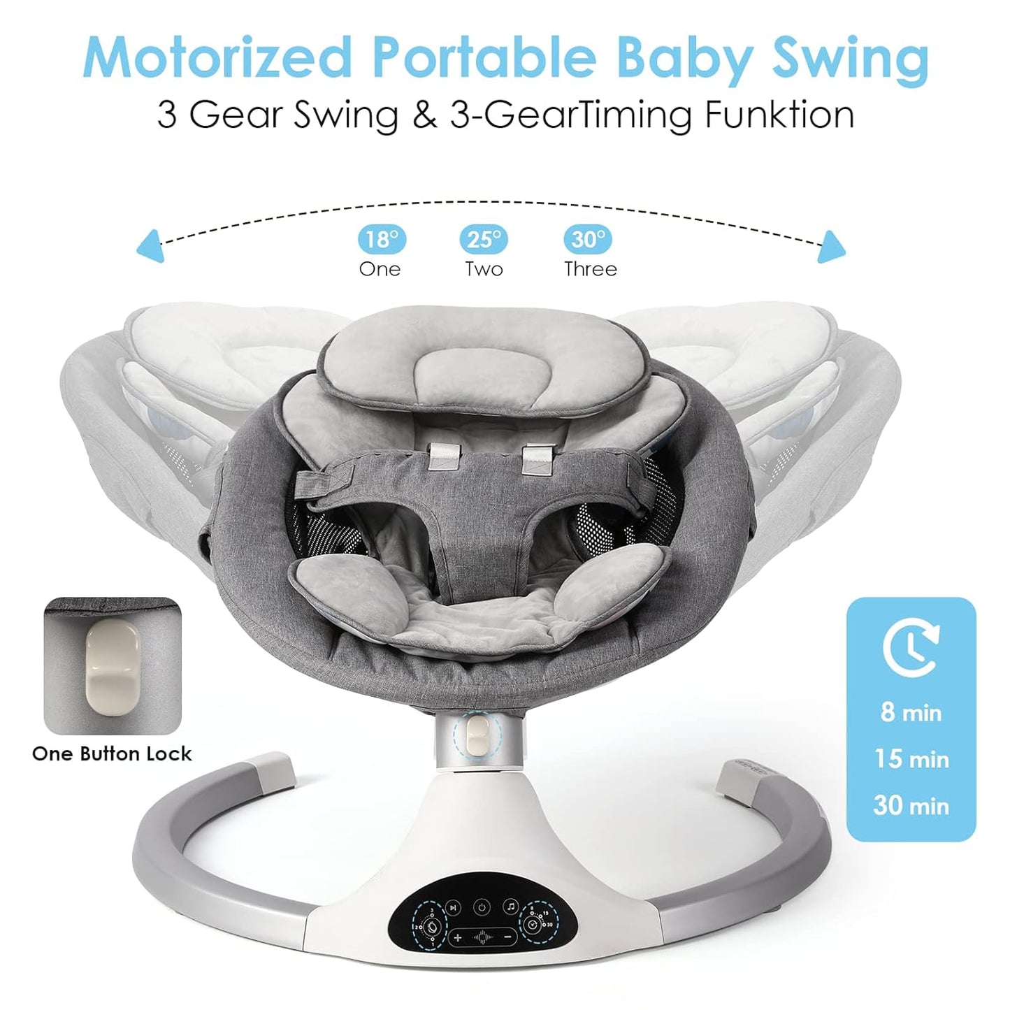 Baby Swing for Infants, Baby Rocker with 5 Point Harness, Bluetooth Support, 10 Preset Lullabies and 3 Speeds with Remote Control, Infant Swing for Baby Boy Girl up to 20 Lbs, Grey