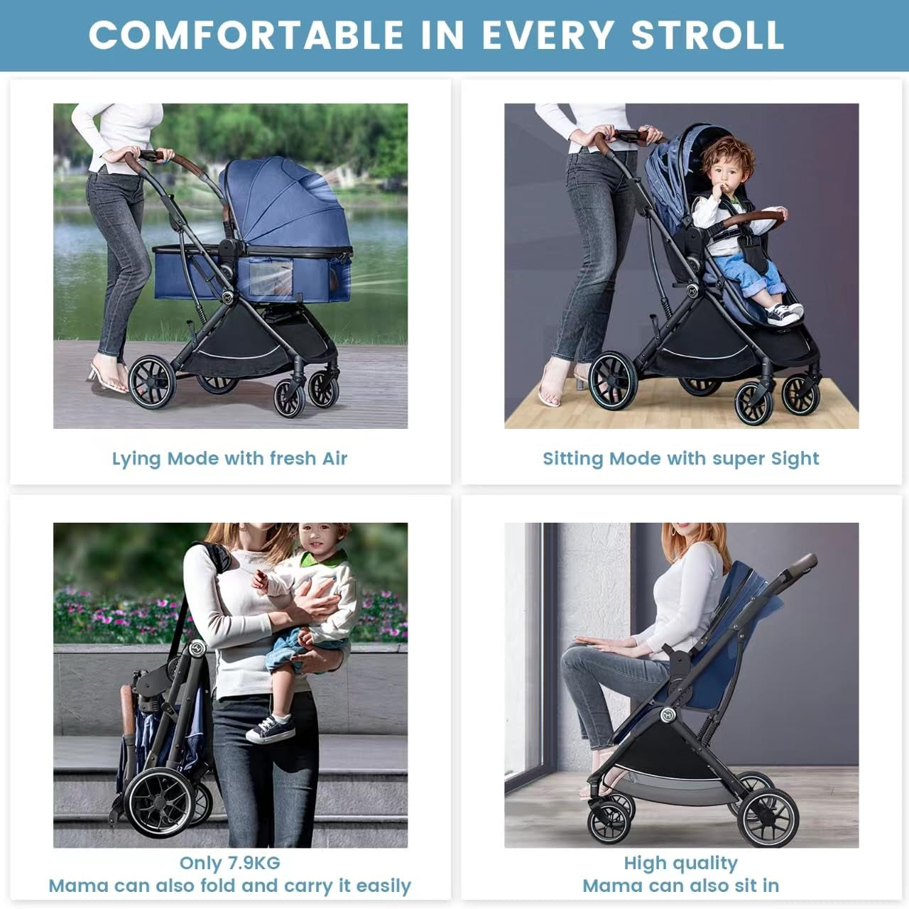 Baby Stroller Bassinet 3 in 1 Newborn Infant Toddler,Convertible Adaptable Portable Foldable Strollers,One Hand Fold, Reversible Seat,Extra Storage