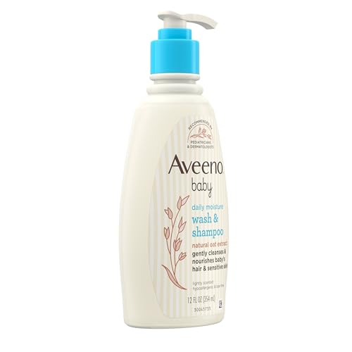 Aveeno Baby Daily Moisture gel de baño y champú suave con extracto de avena, champú para el cabello y baño para bebés 2 en 1, sin desgarros ni parabenos para cabello y piel sensible, ligeramente perfumado, 12 fl. onz