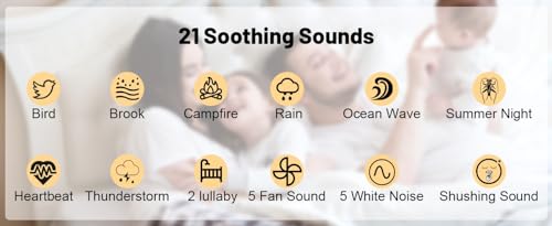 Cymrix Máquina de sonido para dormir portátil con 21 sonidos sin bucle como ruido blanco, sonido de ventilador, sonido de lluvia, canción de cuna para el cuidado del sueño, máquina de sonido de viaje con luz nocturna para adultos, bebés y niños.