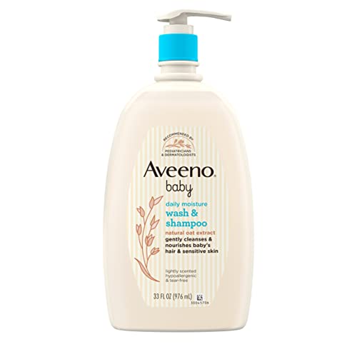 Aveeno Baby Daily Moisture Jabón y champú de baño suave con extracto de avena natural, fórmula hipoalergénica, sin lágrimas y sin parabenos para cabello y piel sensibles, ligeramente perfumado, 33 fl. onz