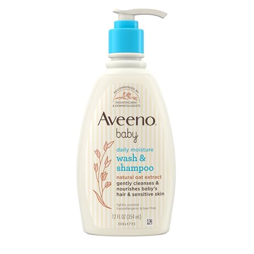 Aveeno Baby Daily Moisture gel de baño y champú suave con extracto de avena, champú para el cabello y baño para bebés 2 en 1, sin desgarros ni parabenos para cabello y piel sensible, ligeramente perfumado, 12 fl. onz