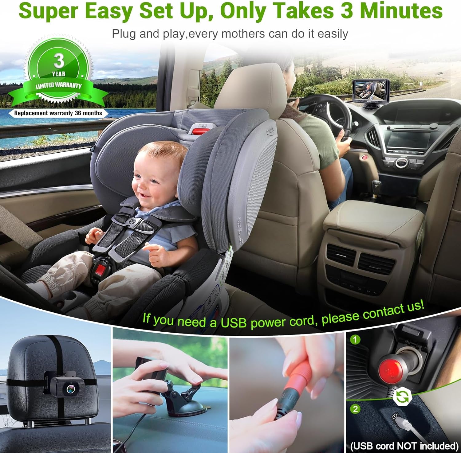 Baby Car Camera Easy Install: HD 1080P Eye Protection Clear Night Vision - Rear Facing Stability Backseat Camera with Monitor for Car Seat Travel 360° Rotation N06