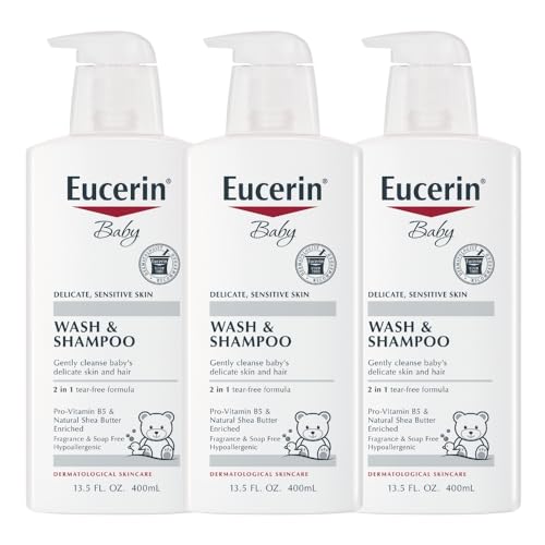 Eucerin Baby Wash &amp; Shampoo - Fórmula 2 en 1 sin desgarros, hipoalergénico y sin fragancia, nutre y calma la piel sensible - 13.5 onzas líquidas (paquete de 3)