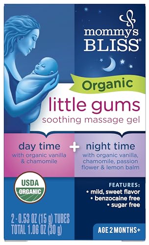 Mommy's Bliss Organic Little Gums Soothing Massage Gel Day and Night Combo, Great for Teething Babies, Age 2 Months+, Sugar Free, Mild & Sweet Flavor, 2 - 0.53 Oz Tubes (Pack of 1)