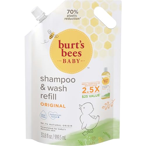 Burt's Bees Baby Shampoo and Wash Refill Bag, 2-in-1 Natural Origin Plant Based Formula for Sensitive Skin, Original Fresh Scent, Tear-Free, Pediatrician Tested, Sustainable Value Size, 33.8 Oz