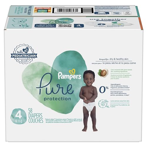 Pañales Pampers Pure Protection - Tamaño 4, 58 unidades, pañales desechables premium hipoalergénicos para bebés