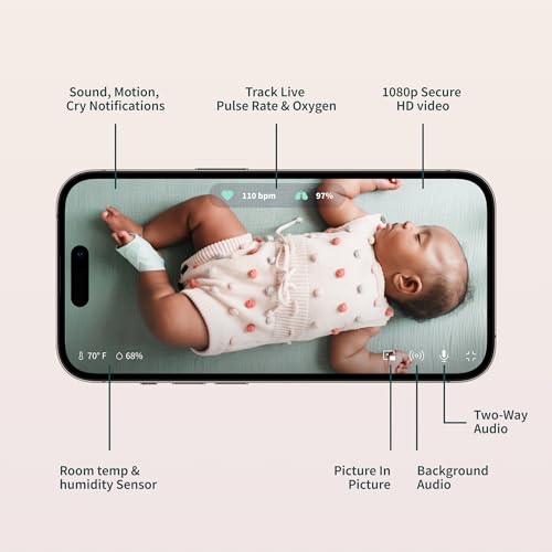 Monitor inteligente para bebés Owlet® Dream Duo: Dream Sock® aprobado por la FDA más Owlet Cam: rastrea y notifica la frecuencia del pulso y el oxígeno mientras ve al bebé en video WiFi HD de 1080p - Menta