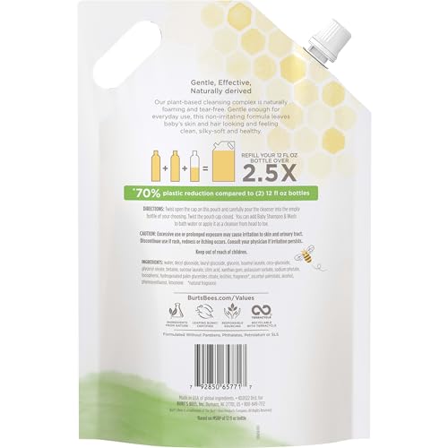 Burt's Bees Baby Shampoo and Wash Refill Bag, 2-in-1 Natural Origin Plant Based Formula for Sensitive Skin, Original Fresh Scent, Tear-Free, Pediatrician Tested, Sustainable Value Size, 33.8 Oz