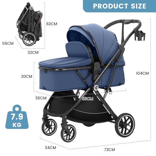 Comiga Baby Stroller Bassinet 3 in 1 Newborn Infant Toddler,Convertible Adaptable Portable Foldable Strollers,One Hand Fold, Reversible Seat,Extra Storage