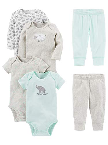 Simple Joys by Carter's Baby Boys' 6-Piece Bodysuits (Short and Long Sleeve) and Pants Set, Grey/Mint Green/Elephant/Lamb, 0-3 Months