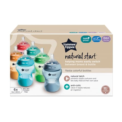 Tommee Tippee Closer to Nature Baby Bottles, Breast-Like Nipples with Anti-Colic Valve, 9oz, 6 Count, Fiesta