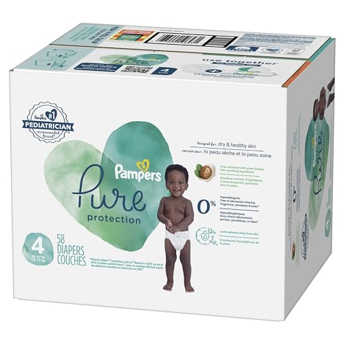 Pañales Pampers Pure Protection - Tamaño 4, 58 unidades, pañales desechables premium hipoalergénicos para bebés