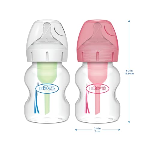 Dr. Brown's Natural Flow Anti-Colic Options+ Wide-Neck Baby Bottles 5 oz/150 mL,with Level 1 Slow Flow Nipple,4 Pack,0m+