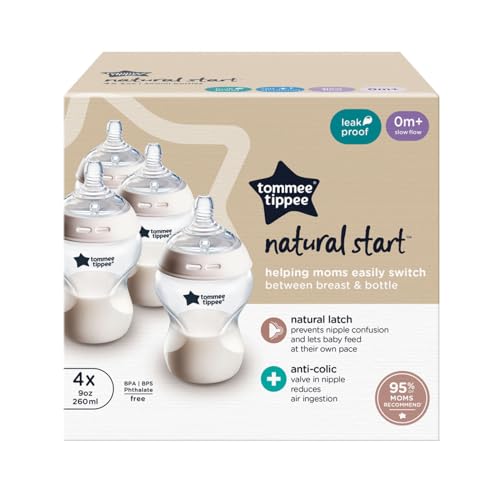 Tommee Tippee Baby Bottles, Natural Start Anti-Colic Baby Bottle with Slow Flow Breast-Like Nipple, 9oz, 0 months+, Self-Sterilizing, Baby Feeding Essentials, Pack of 4